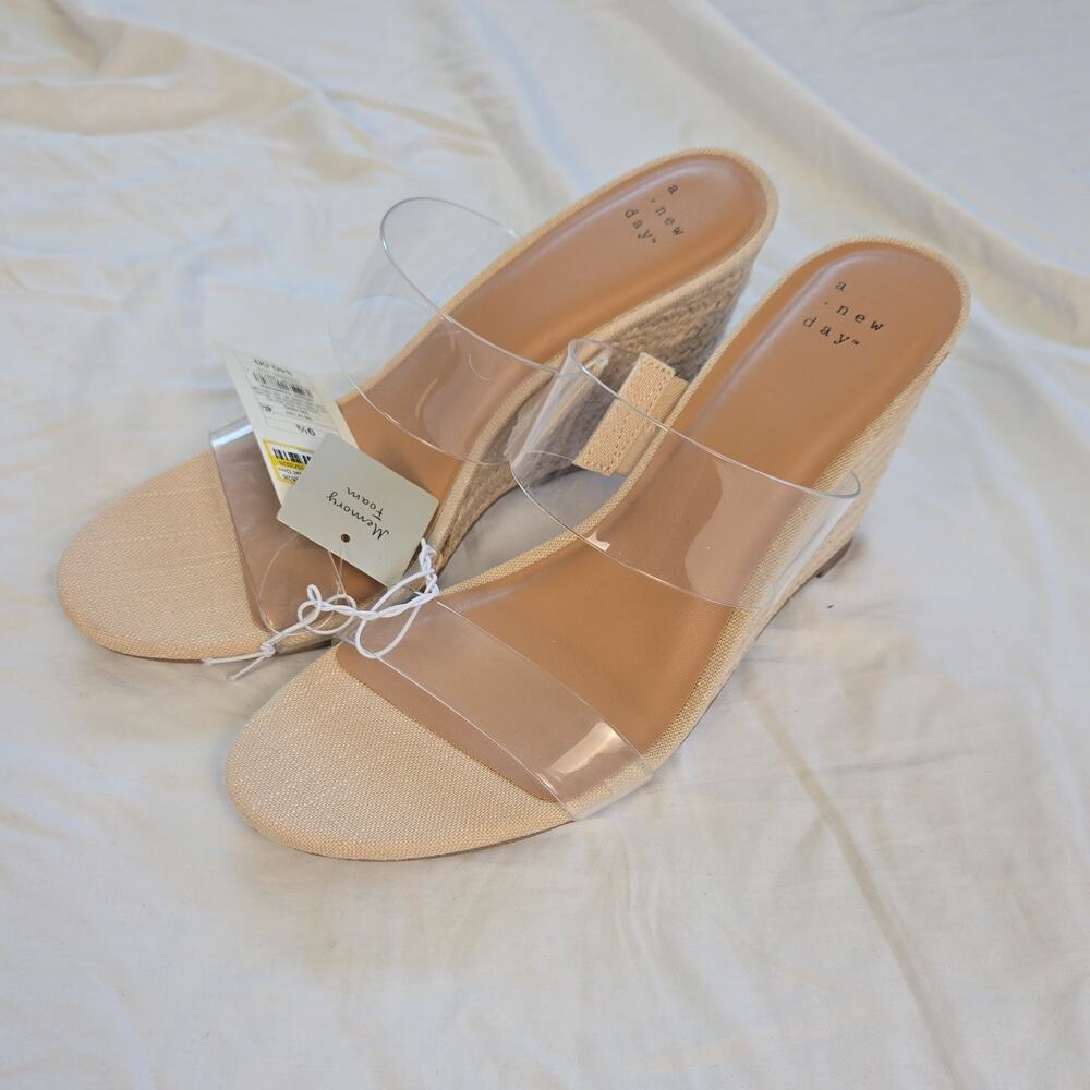 #46 A New Day Women's Clear Strap Wedge Slide Sandals Beige Size 9.5